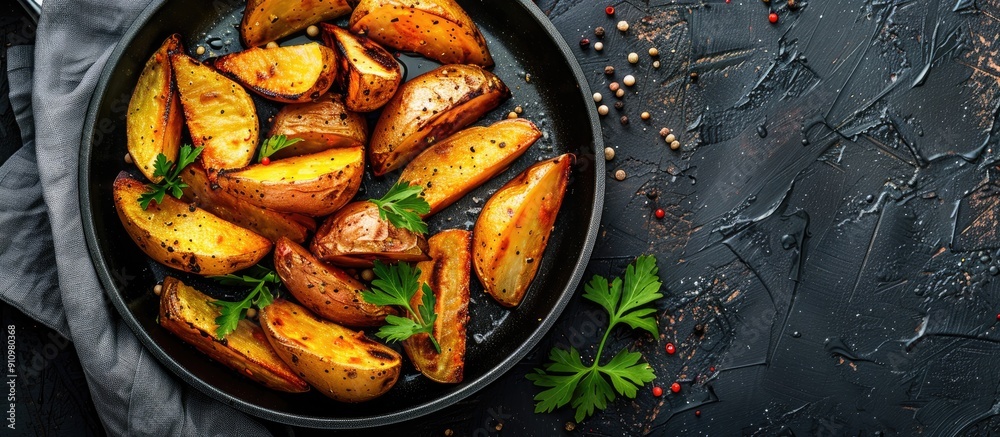 Poster Top view of roasted potato wedges in a frying pan on a dark stone backdrop with copy space image