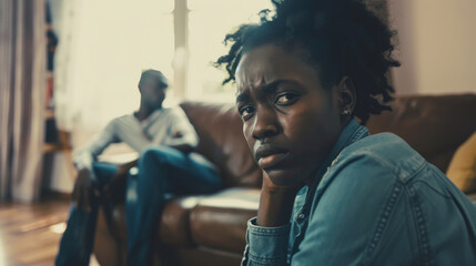A woman gazes pensively with a furrowed brow, seated in a cozy living room, a man in the background appearing equally contemplative.