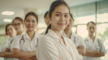 Fototapeta premium A team of confident healthcare workers stands together, exuding unity and strength, with their leader at the forefront smiling assuredly, ready for any challenge.