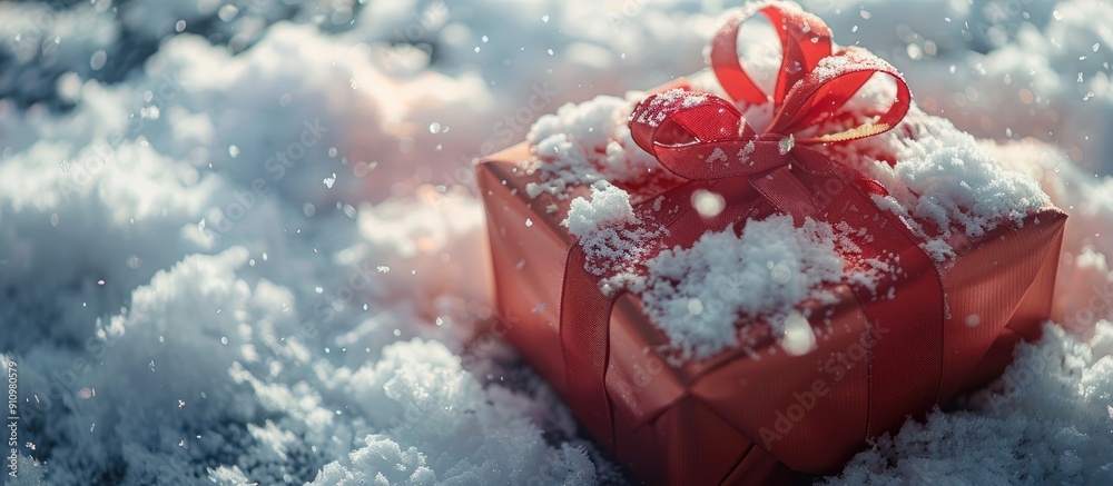 Fototapete close up view of a gift box with a ribbon in the snow on the left side featuring a copy space image