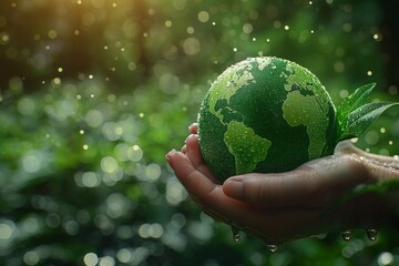Hand holding green planet with leaf
