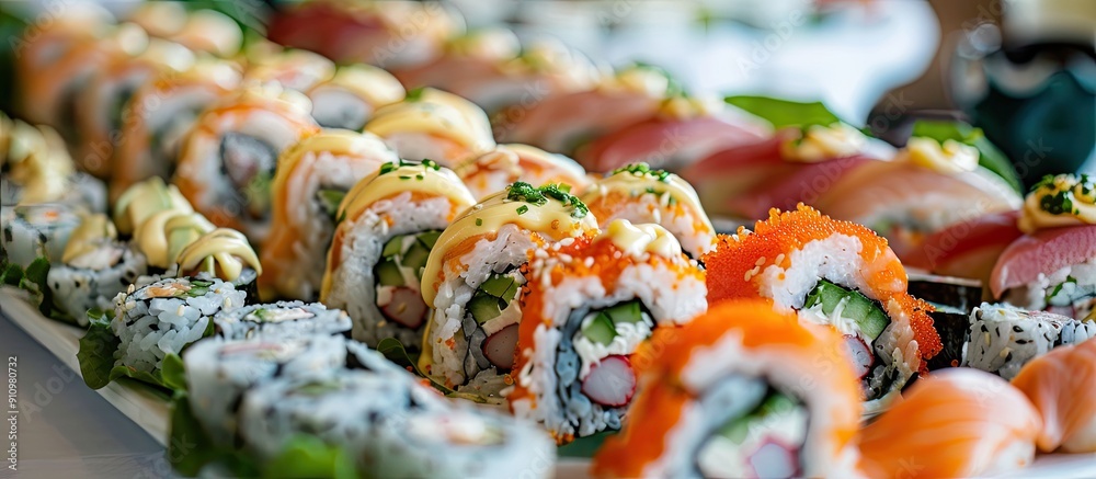Poster artfully arranged sushi rolls with fish rice cream cheese and vegetables on a platter with copy spac