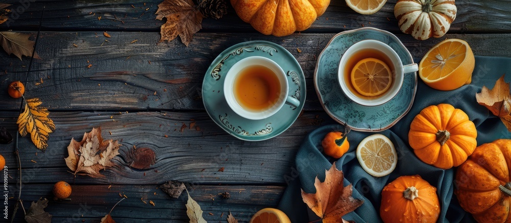 Poster autumn themed still life with tea lemon pumpkins leaves on dark wooden table embodies fall mood for 