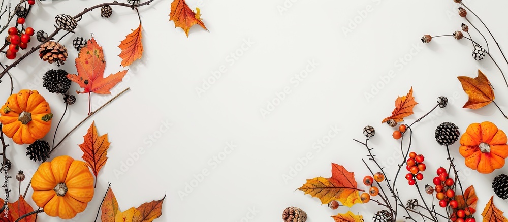 Aufkleber fall themed arrangement with leaves twigs pumpkin and berries on a white background presented from a