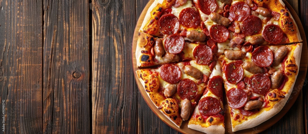 Poster top view of a classic pizza with salami sausages cheese and sauce on a wooden background perfect for