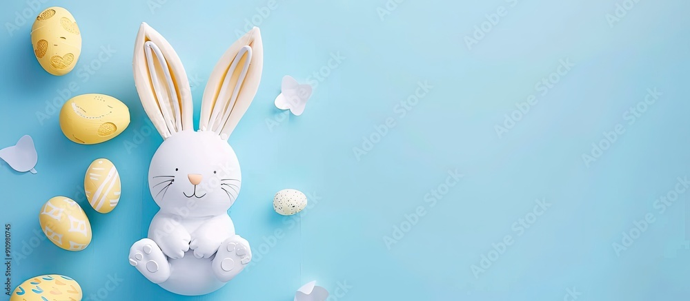 Poster top view of a creative easter bunny on a minimalist flat lay with pastel colors over a blue backgrou