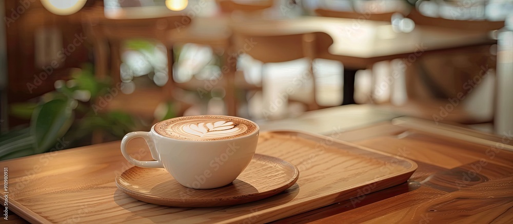 Poster cappuccino coffee cup with latte art on a wooden tray displayed on a cafe table ideal as a copy spac