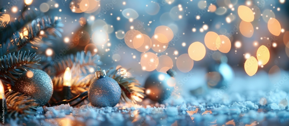 Wall mural Celebratory blue holiday background with festive Christmas and New Year elements featuring blurry bokeh backdrop and space for inserting images or text. copy space available