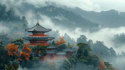 Tranquil Scene of Traditional Taoist Temple Amid Misty Mountains