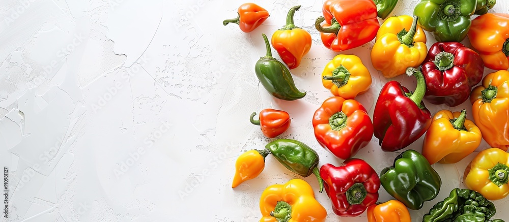 Poster Bell peppers arranged with copy space image on a white backdrop