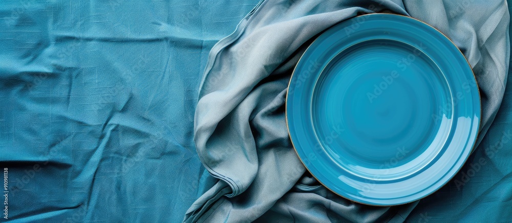 Poster Bird s eye view of a blue plate on a tablecloth with a napkin offering a blank canvas for your design in the copy space image
