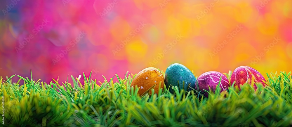 Poster Spring grass hosting vibrant eggs creating a cheerful Easter themed copy space image
