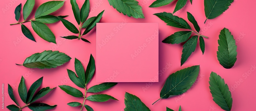 Poster Top view of a modern flat lay pattern featuring vibrant green rowan leaves on a bright pink square with copy space image in a sleek pop art style for framing text