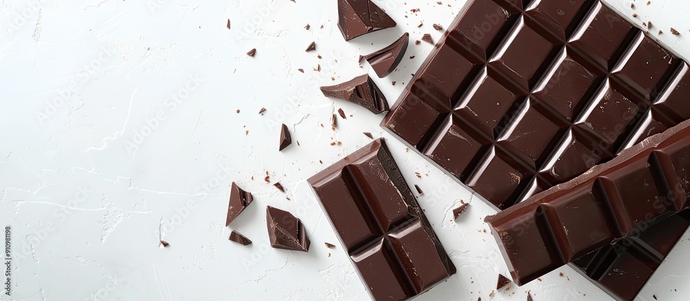 Poster top view of a delicious chocolate bar on a white background with copy space image