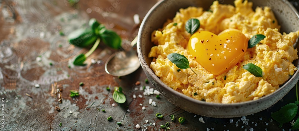 Poster valentine s day breakfast with heart shaped scrambled eggs on the table as a festive holiday decorat