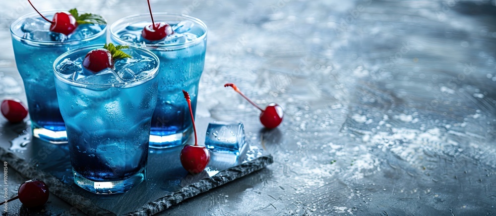 Poster blue lagoon or blue curacao cocktails on a concrete stone table with a cherry with space for additio