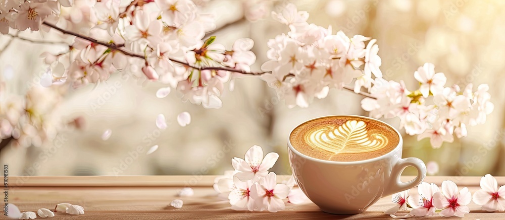 Poster coffee cup adorned with latte art on a wooden table against a backdrop of sakura or cherry blossoms 