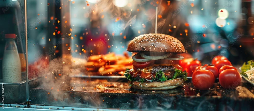 Aufkleber Display a Turkish wet burger with sauce in a kiosk for a copy space image
