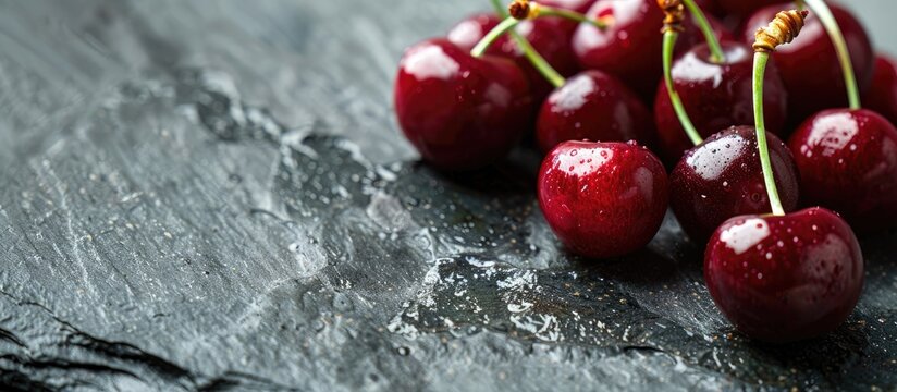 Close up view of fresh cherries on a stone plate with selective focus creating a visually appealing copy space image