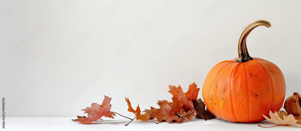 Poster a small orange pumpkin with oak leaves on a white background providing copy space image for text cre