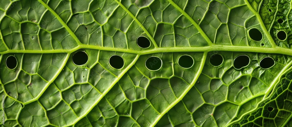 Aufkleber Close up of a fresh green leaf with hollow circles in an abstract natural pattern creating an ideal background for text or images. copy space available