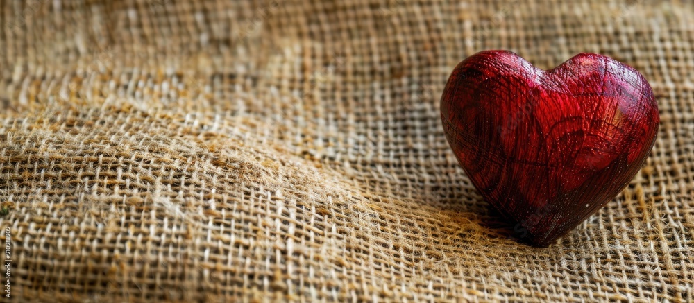 Aufkleber Heart shaped red element on a burlap surface with space for copying the image