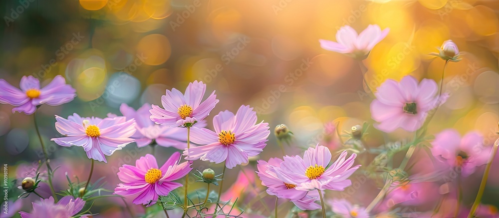 Poster in a botanical garden a charming display of pink cosmos flowers blooms and sways in the autumn backd
