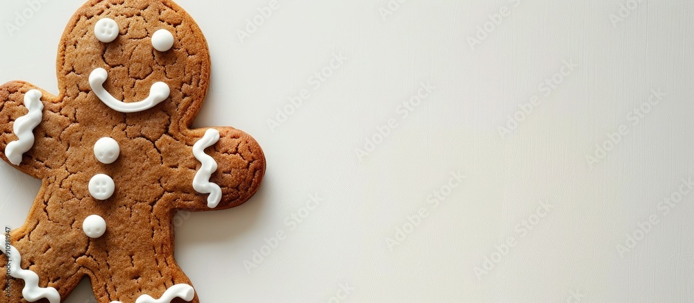 Poster A gingerbread man with buttons photographed against a white backdrop displaying ample copy space image
