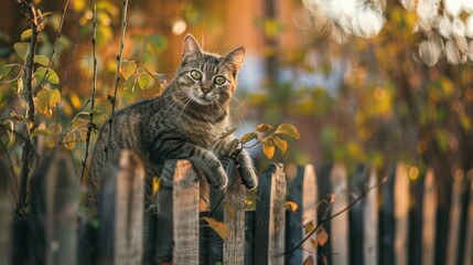 Obraz premium A tabby cat lounges gracefully on a rustic fence while golden leaves add warmth to the evening light