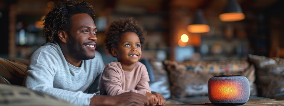  black , african american father and daughter and smart speaker on blurred background of home interior. use technology in everyday life.  banner