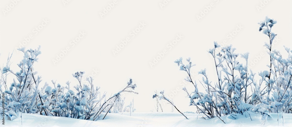 Aufkleber Snow covered plants and frozen branches on a winter landscape wallpaper with a white background perfect for adding text or graphics with copy space image