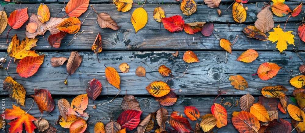 Poster Flat lay view of a fall themed backdrop with an assortment of vibrant autumn leaves on weathered wooden planks ideal for adding text in the copy space image