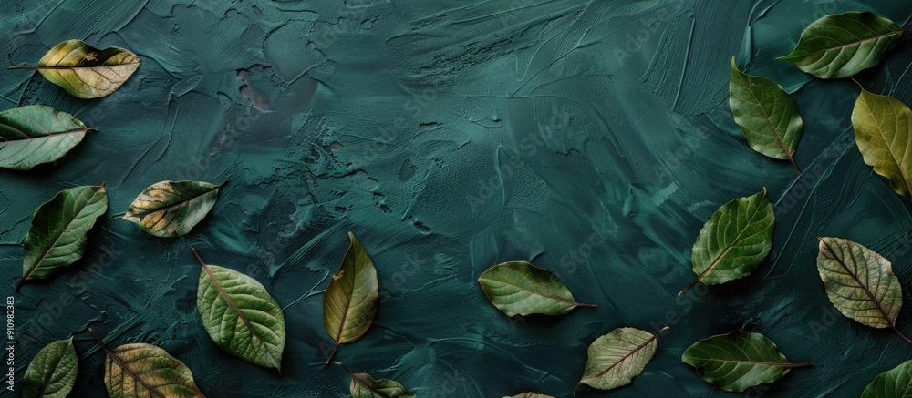 Aufkleber Engraved leaves arranged on a dark green table background with ample copy space image