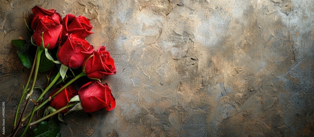 Leinwandbilder top view of a valentine s day greeting card featuring a beautiful bouquet of red roses on a stone ba