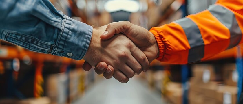 Close up hands of warehouse workers handshake