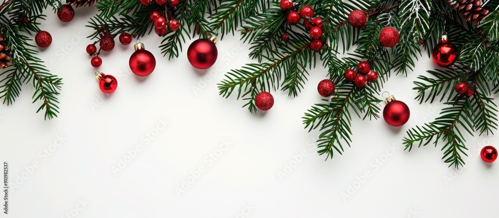 Leinwandbilder top view of a christmas themed arrangement featuring fir tree branches red decorations and a clear a