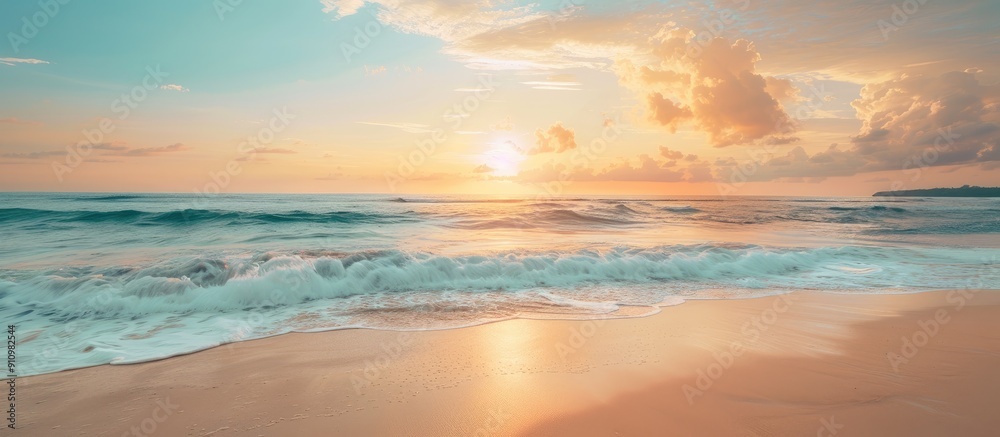 Poster sunrise or sunset sky over a tropical beach with a beautiful beach setting in summer suitable for co