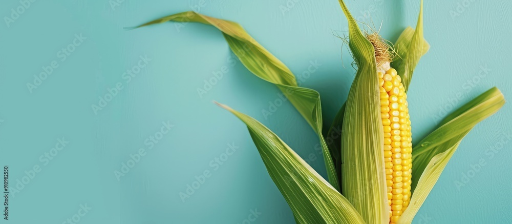 Poster a yellow corn cob with green husk on a bright surface providing copy space for text or images is sho