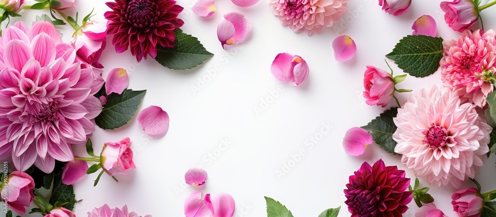 Poster Overhead view of a festive floral arrangement featuring pink fuchsia and dahlias on a white background with copy space image symbolizing special occasions like birthdays Mother s Day Valentine s Day