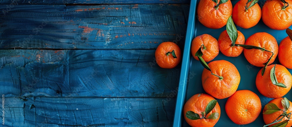 Poster top down view of a tray full of ripe tangerines positioned on a blue wooden surface allowing for the