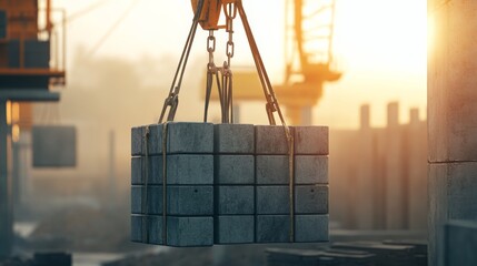Crane hoisting construction blocks at site.