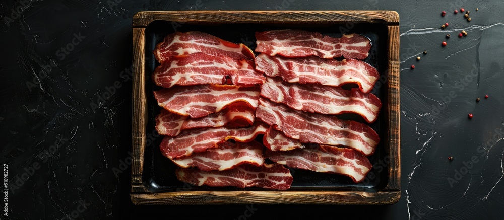 Poster Sliced smoked pork bacon on wooden tray against a black background viewed from the top with ample copy space image