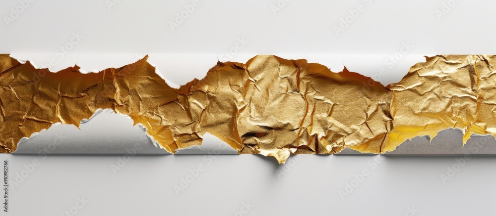 Poster White background showing a torn empty crumbled gold paper piece with copy space image