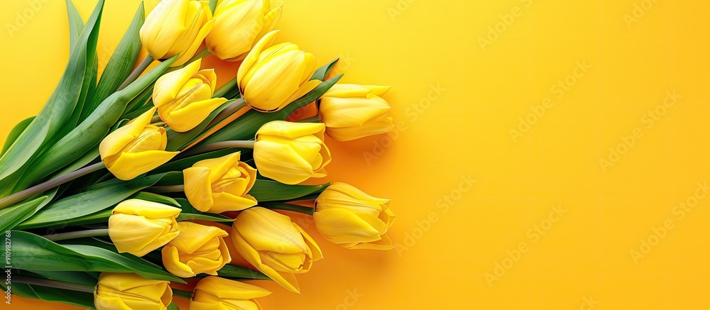 Aufkleber Yellow tulips bouquet on a matching background ideal for Mother s Day Valentine s Day or birthdays Perfect for a greeting card with copy space image in top view
