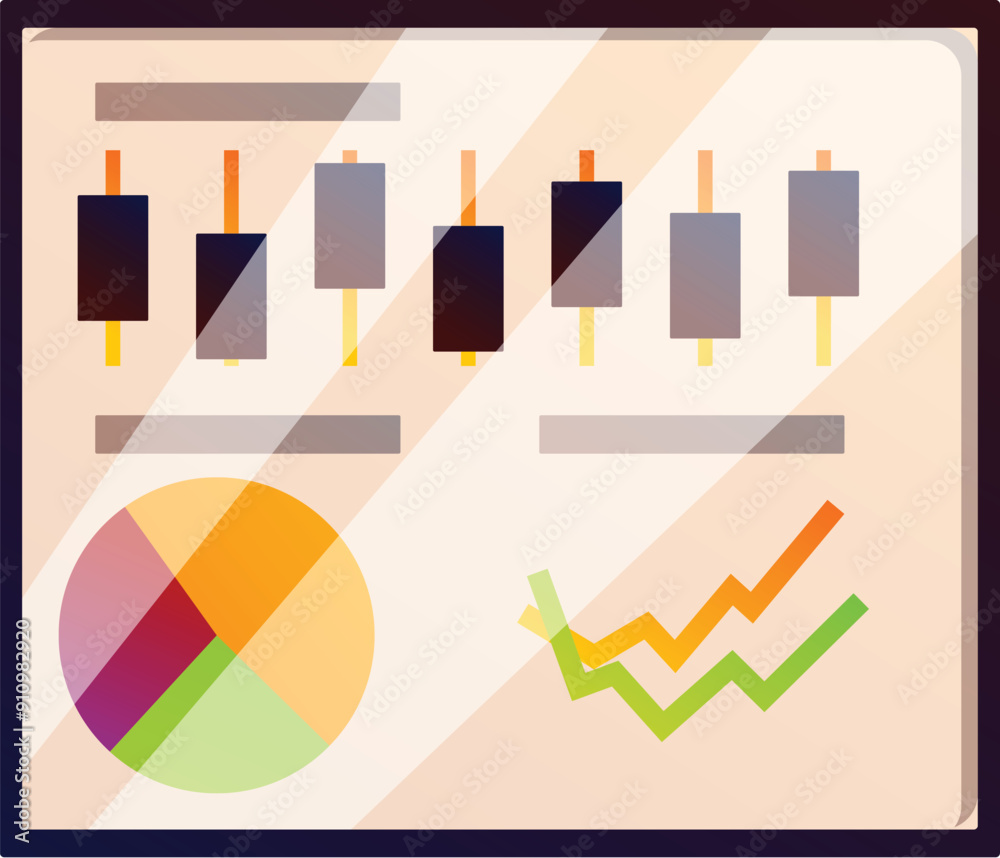 Poster business chart is displaying market data analytics with a candlestick chart, pie chart and line grap