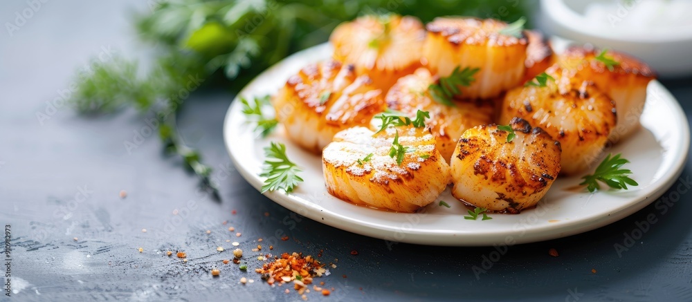 Poster Scrumptious fried scallops presented on a white plate with copy space image available