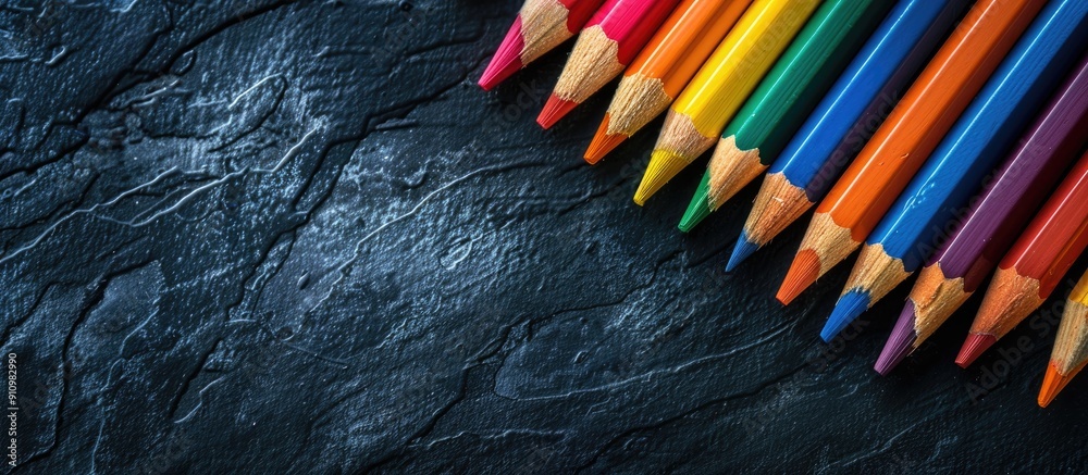 Poster top view of colored pencils on a black cardboard background symbolizing education in a high quality 