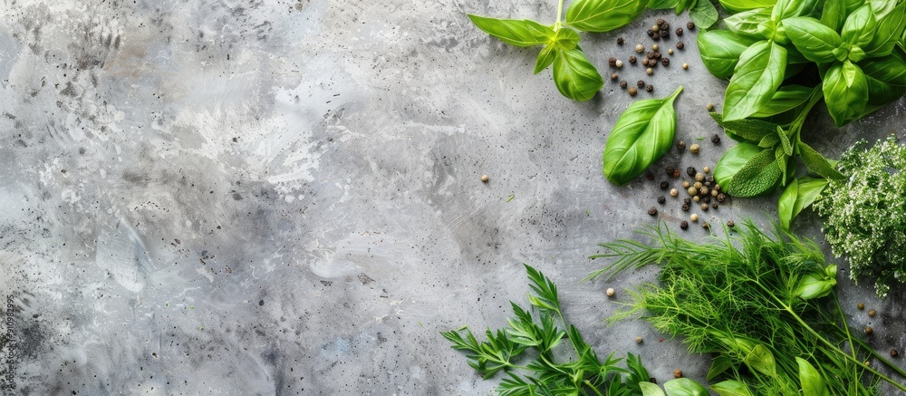 Aufkleber assorted fresh organic herbs like basil arugula and dill on a flat lay cooking concrete stone backgr