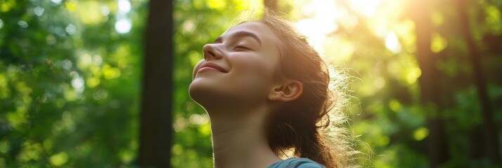 Relaxed happy beautiful young woman breathing fresh air deep with a green forest in natural.