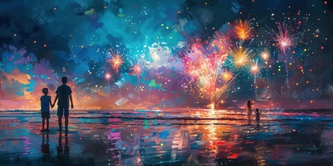 Silhouettes of two people stand on the beach, looking up at a colorful firework display over the water.